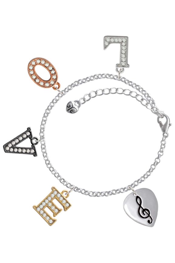 Silvertone Large Clef on Guitar Pick Multi-Colored Crystal Love Charm Bracelet