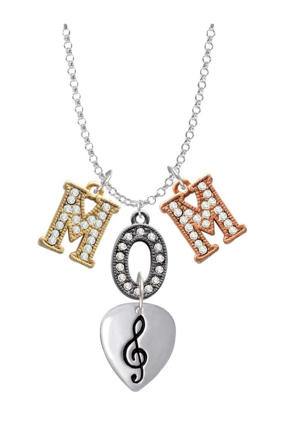 Silvertone Large Clef on Guitar Pick Multi-Colored Crystal Mom Charm Necklace