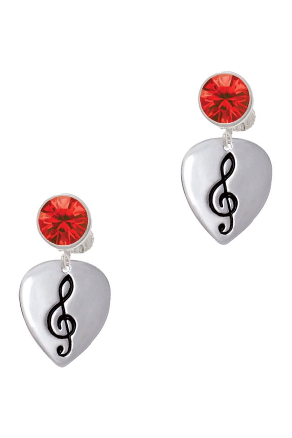 Silvertone Large Clef on Guitar Pick Red Crystal Clip on Earrings