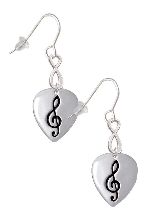 Silvertone Large Clef on Guitar Pick Silver tone Infinity French Earrings