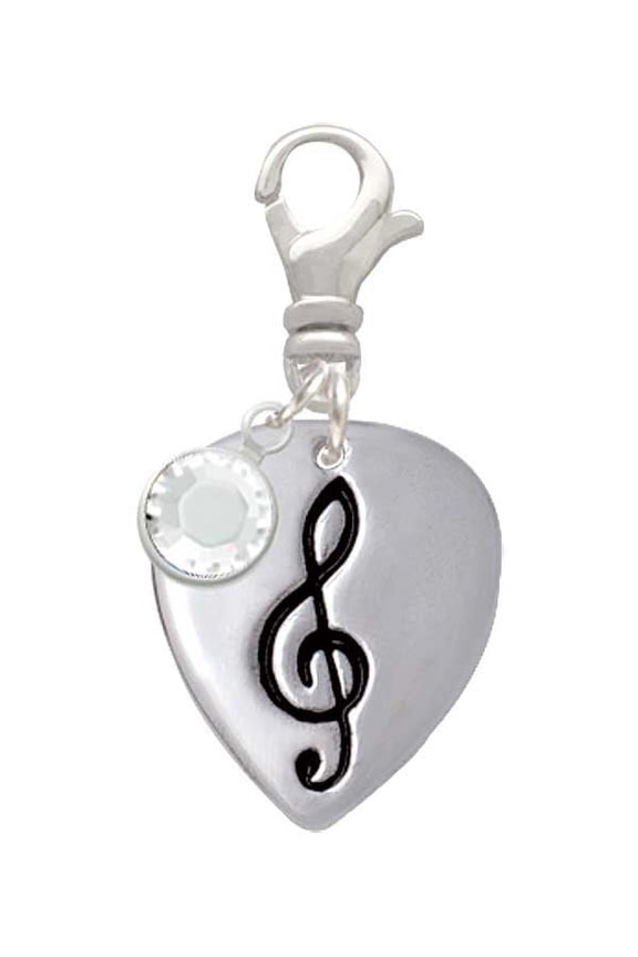Silvertone Large Clef on Guitar Pick - Silvertone Clip on Charm with Clear Crystal Drop