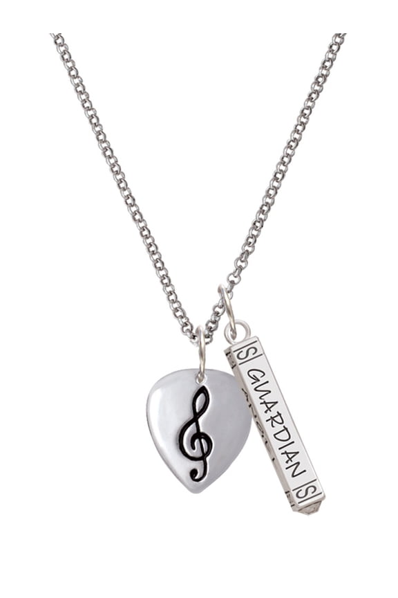 Silvertone Large Clef on Guitar Pick Silvertone Guardian Angel Bar Charm Necklace, 23"