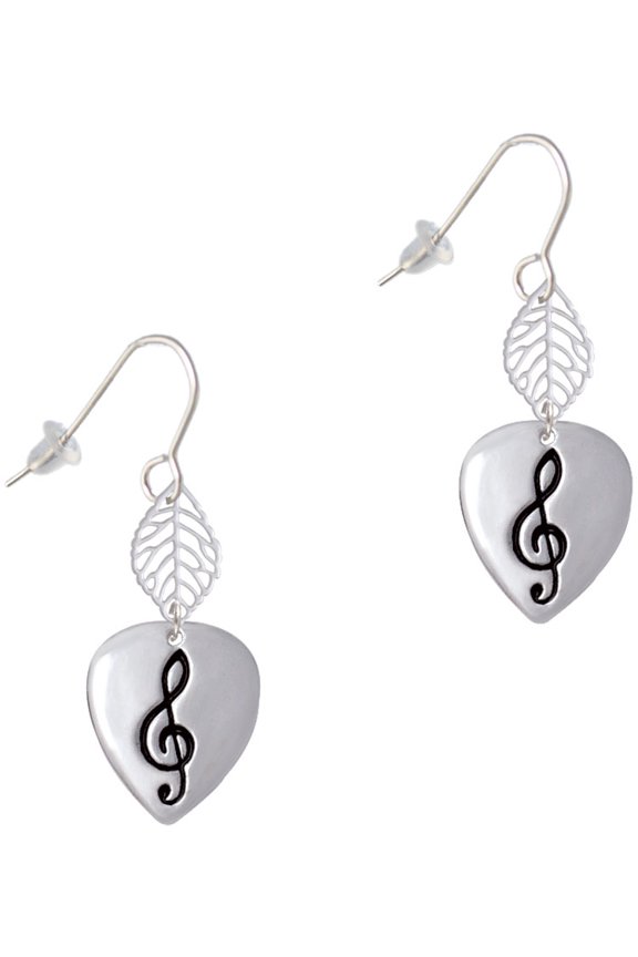 Silvertone Large Clef on Guitar Pick Silvertone Leaf French Earrings