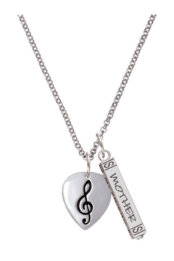 Silvertone Large Clef on Guitar Pick Silvertone Mother Daughter Bar Charm Necklace, 23"