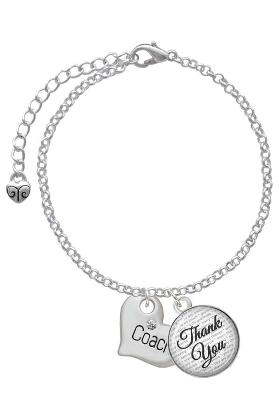 Silvertone Large ''Coach'' Heart - Domed Thank You Charm Bracelet, 6"+2"