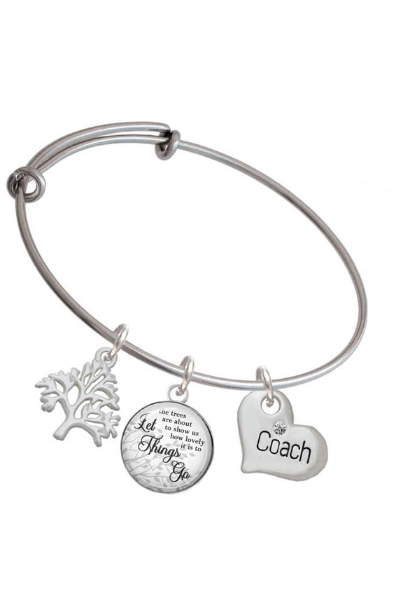 Silvertone Large ''Coach'' Heart Silvertone Let Things Go Tree Charm Bangle Bracelet