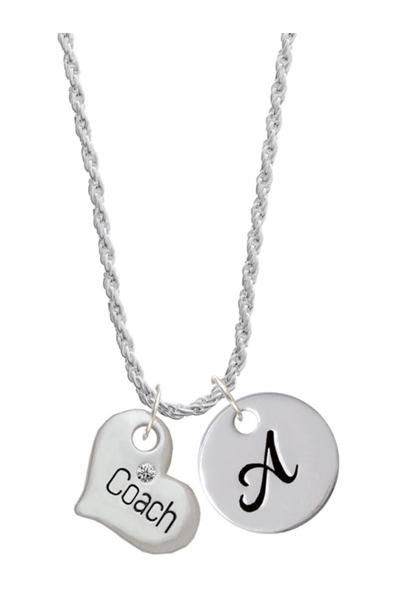 Silvertone Large ''Coach'' Heart Silvertone Script Initial Disc - A - Charm Necklace, 20"+3"