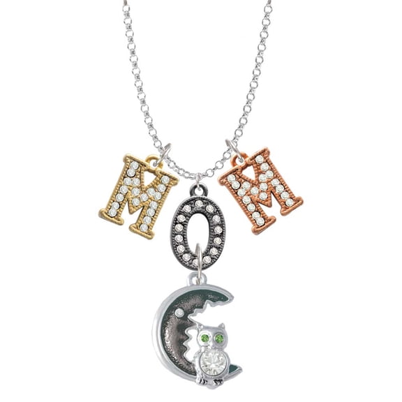 Delight Jewelry Silvertone Large Crystal Owl Sitting on Black Moon Multi-Colored Crystal Mom Charm Necklace