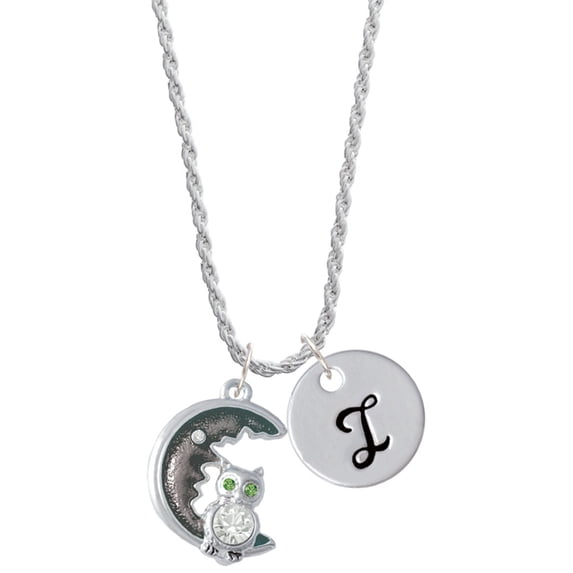 Delight Jewelry Silvertone Large Crystal Owl Sitting on Black Moon Silvertone Script Initial Disc - I - Charm Necklace, 20"+3"