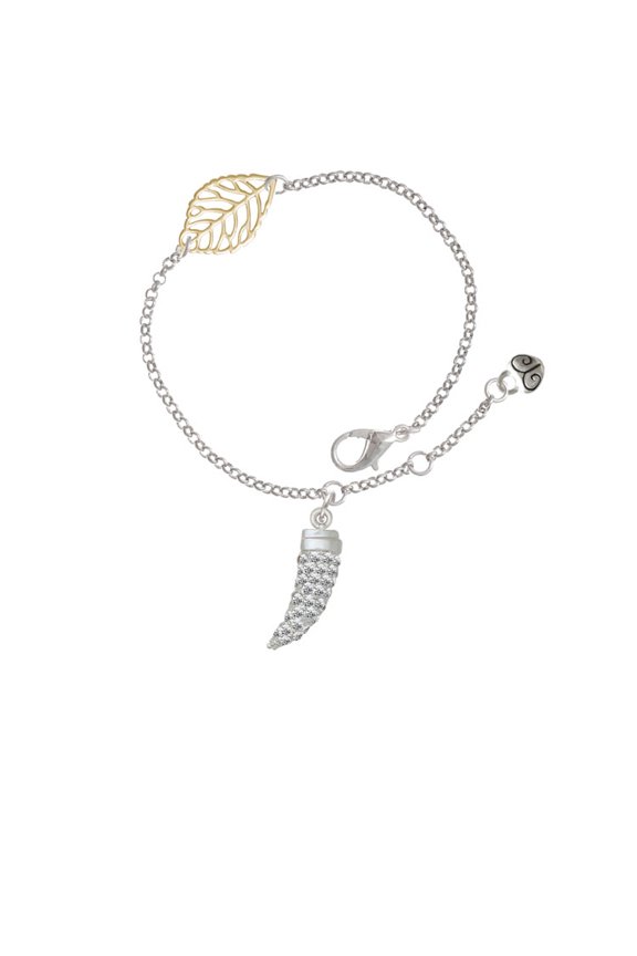 Silvertone Large Crystal Sabre Tooth - Goldtone Leaf Delicate Bracelet, 6.25+1.75"