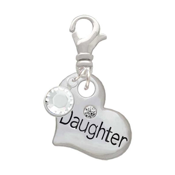 Delight Jewelry Silvertone Large ''Daughter'' Heart with Clear Crystal - Silvertone Clip on Charm with Clear Crystal Drop