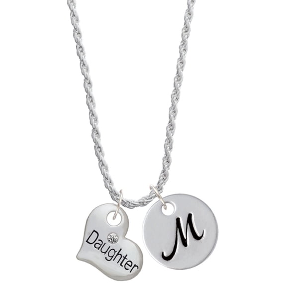 Delight Jewelry Silvertone Large ''Daughter'' Heart with Clear Crystal Silvertone Script Initial Disc - M - Charm Necklace, 20"+3"