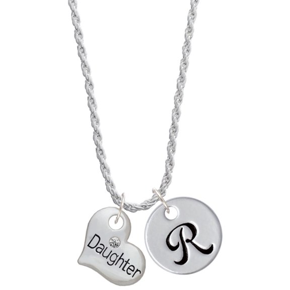 Delight Jewelry Silvertone Large ''Daughter'' Heart with Clear Crystal Silvertone Script Initial Disc - R - Charm Necklace, 20"+3"