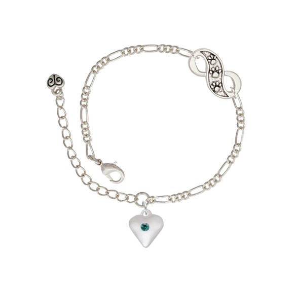 Delight Jewelry Silvertone Large December - Teal Crystal Heart Silver-tone Paw Infinity Link Chain Bracelet, 6"+2" Extender