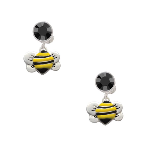 Delight Jewelry Silvertone Large Enamel Bumble Bee Black Crystal Clip on Earrings