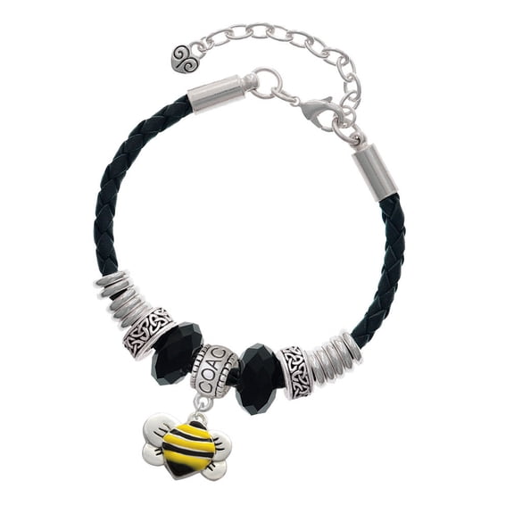 Delight Jewelry Silvertone Large Enamel Bumble Bee Coach Celtic Knot Leather Bead Bracelet, 7"+2" Extender