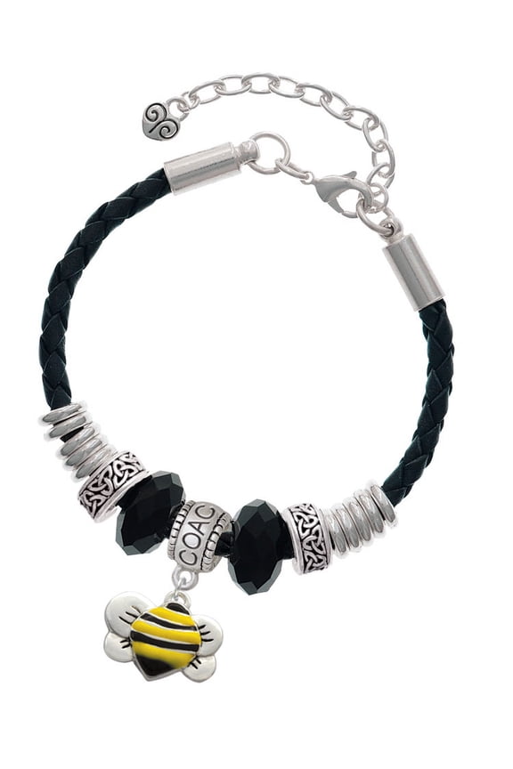 Silvertone Large Enamel Bumble Bee Coach Celtic Knot Leather Bead Bracelet, 7"+2" Extender