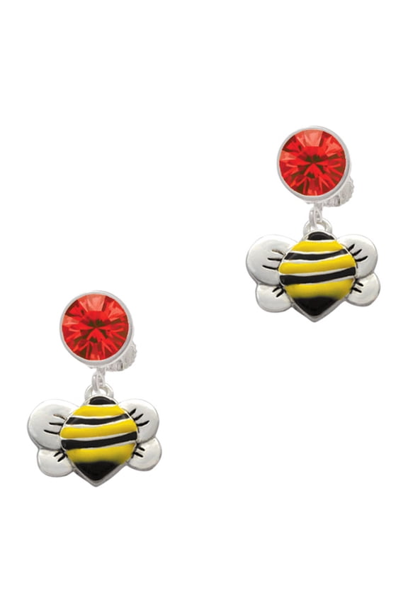 Silvertone Large Enamel Bumble Bee Red Crystal Clip on Earrings