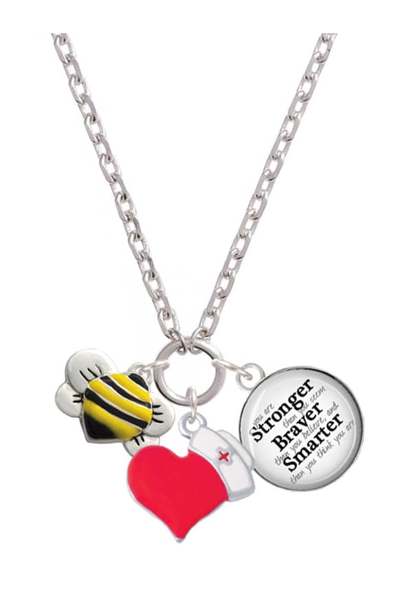Silvertone Large Enamel Bumble Bee - Red Heart Nurse Strong Zoe Necklace