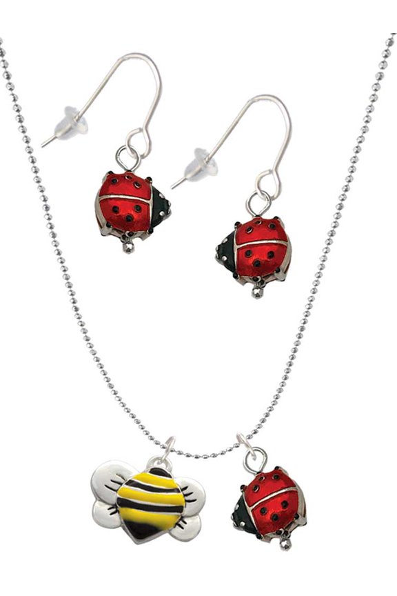 Silvertone Large Enamel Bumble Bee Red Lucky Ladybug Necklace and Dangle Earrings Set