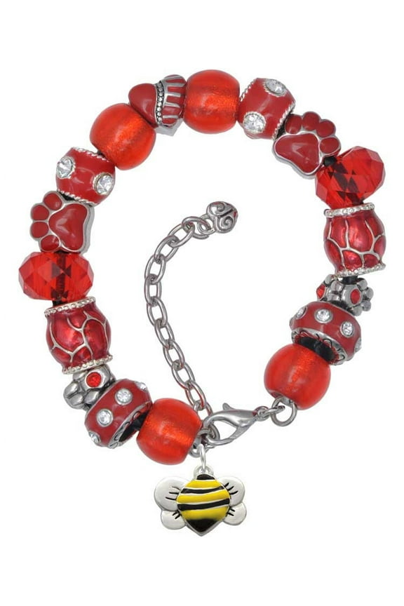 Silvertone Large Enamel Bumble Bee Red Paw Print Bead Bracelet, 7"+2"