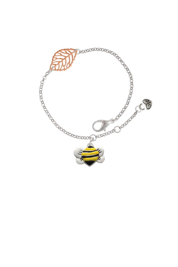 Silvertone Large Enamel Bumble Bee - Rose Goldtone Leaf Delicate Bracelet, 6.25+1.75"