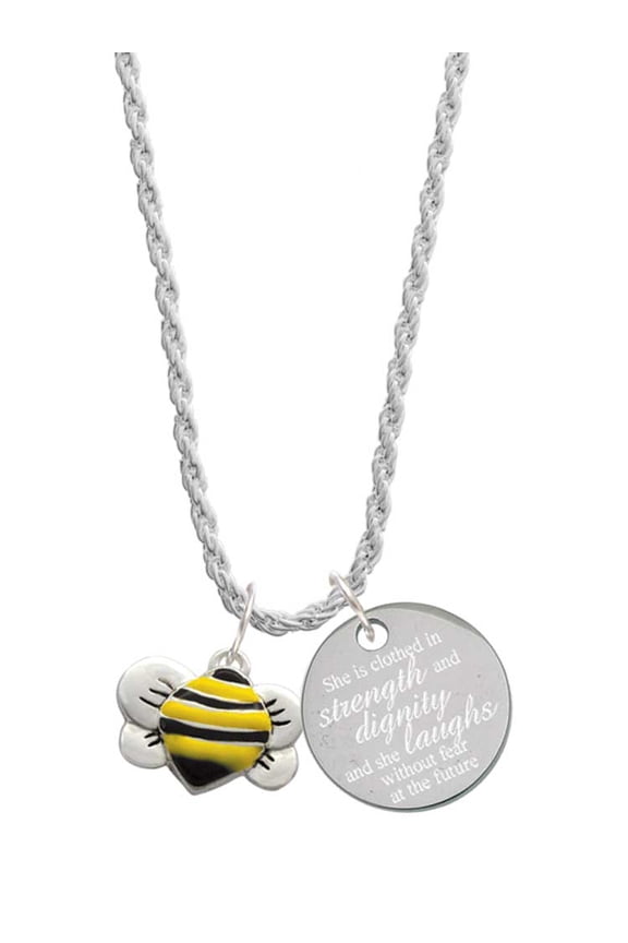 Silvertone Large Enamel Bumble Bee She is Clothed in Stength and Dignity Charm Necklace, 20"+3"