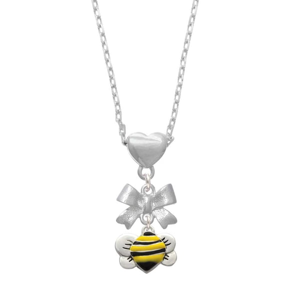 Delight Jewelry Silvertone Large Enamel Bumble Bee Silver tone Bow Heart Necklace