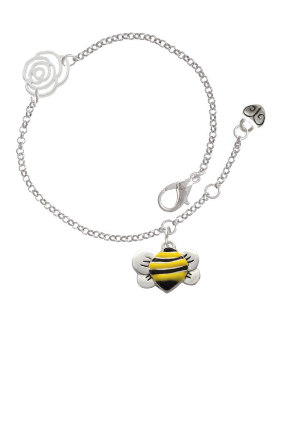 Silvertone Large Enamel Bumble Bee Silver-tone Rose Link Chain Bracelet, 6.25"+1.75" Extender