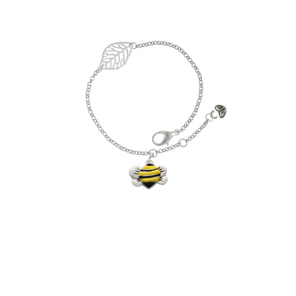 Delight Jewelry Silvertone Large Enamel Bumble Bee - Silvertone Leaf Delicate Bracelet, 6.25+1.75"