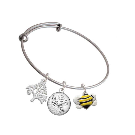 Delight Jewelry Silvertone Large Enamel Bumble Bee Silvertone Let Things Go Tree Charm Bangle Bracelet