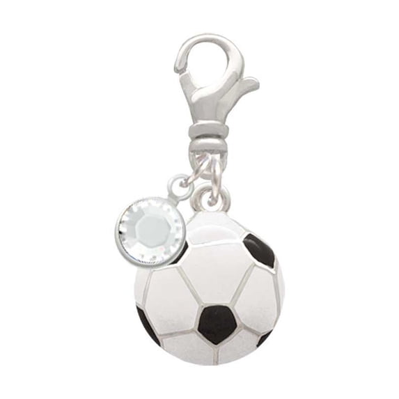 Delight Jewelry Silvertone Large Enamel Soccer ball - Silvertone Clip on Charm with Clear Crystal Drop