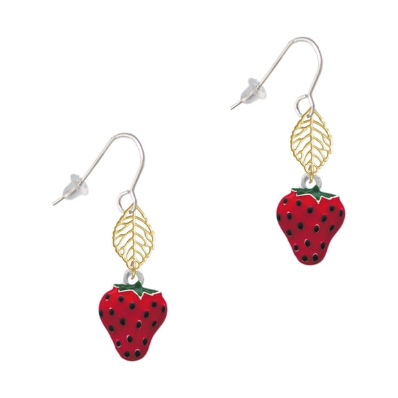 Delight Jewelry Silvertone Large Enamel Strawberry Goldtone Leaf French Earrings