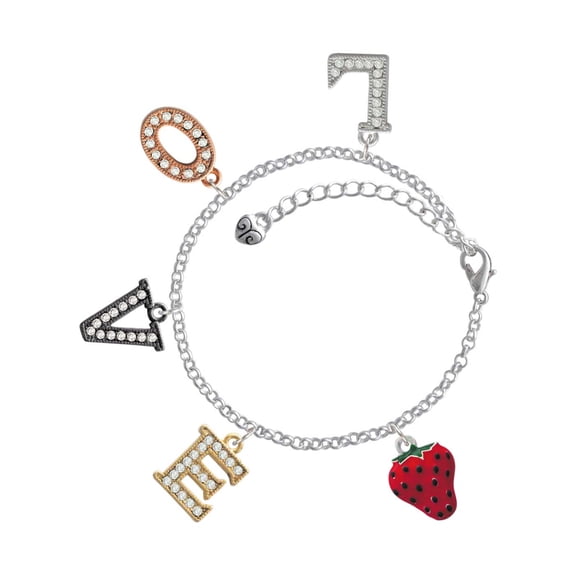 Delight Jewelry Silvertone Large Enamel Strawberry Multi-Colored Crystal Love Charm Bracelet