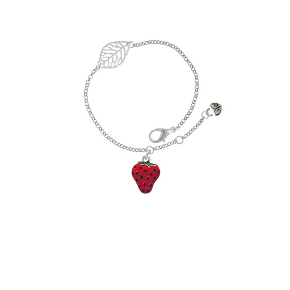 Delight Jewelry Silvertone Large Enamel Strawberry - Silvertone Leaf Delicate Bracelet, 6.25+1.75"
