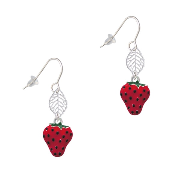 Delight Jewelry Silvertone Large Enamel Strawberry Silvertone Leaf French Earrings