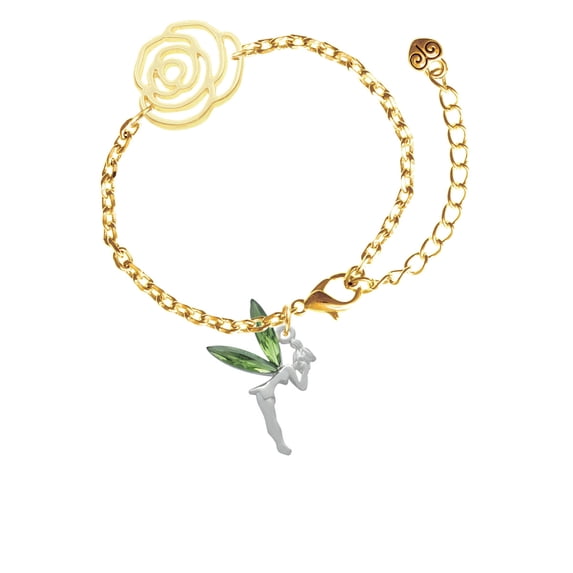 Delight Jewelry Silvertone Large Fairy with Lime Green Wings Gold-tone Flower Link Chain Bracelet, 6.75"+2" Extender