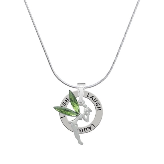 Delight Jewelry Silvertone Large Fairy with Lime Green Wings Laugh Ring Charm Necklace, 18"