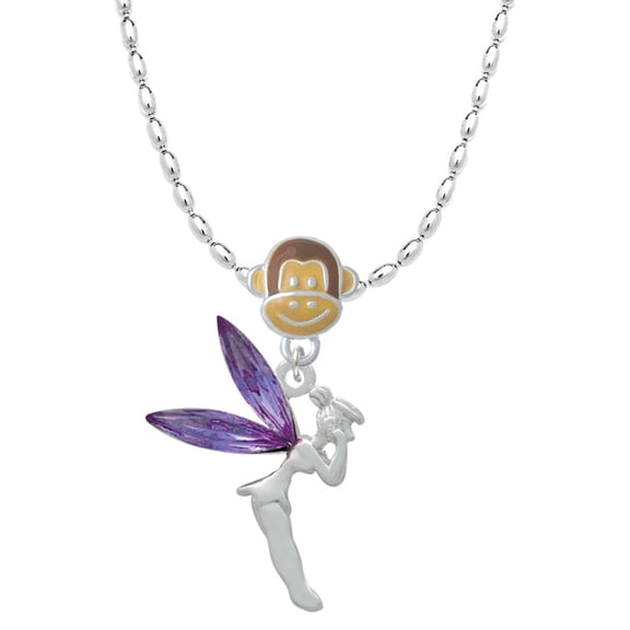Delight Jewelry Silvertone Large Fairy with Purple Wings Mia Monkey Charm Necklace