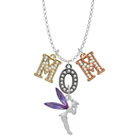 Delight Jewelry Silvertone Large Fairy with Purple Wings Multi-Colored Crystal Mom Charm Necklace