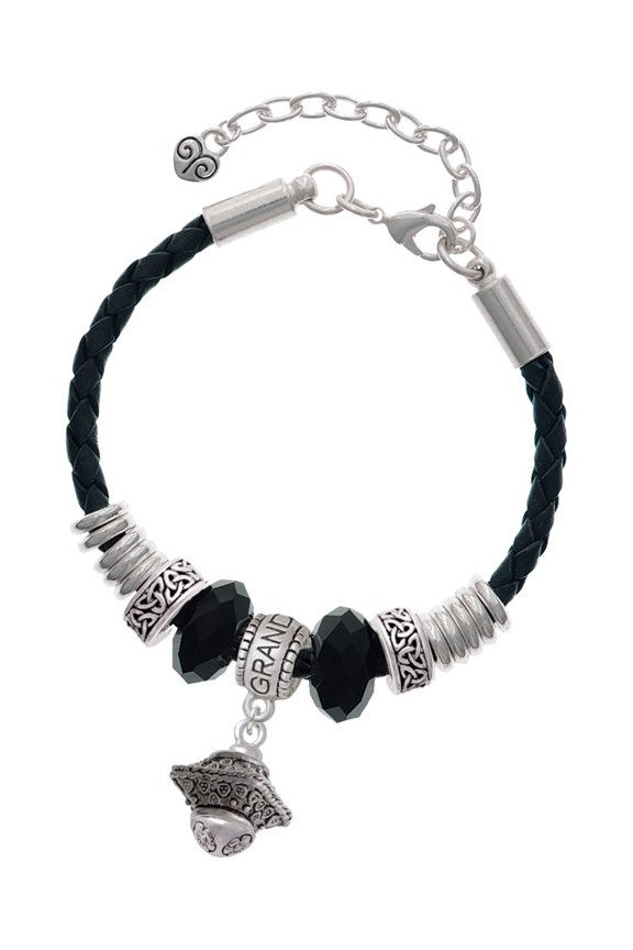 Silvertone Large Fancy Square with Rope Border Spinner Granddaughter Celtic Knot Leather Bead Bracelet, 7"+2" Extender