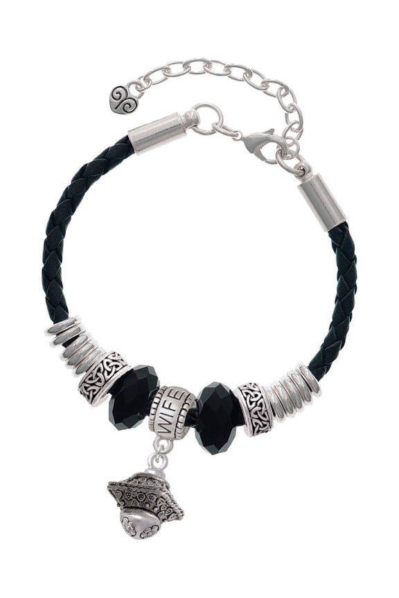 Silvertone Large Fancy Square with Rope Border Spinner Wife Celtic Knot Leather Bead Bracelet, 7"+2" Extender