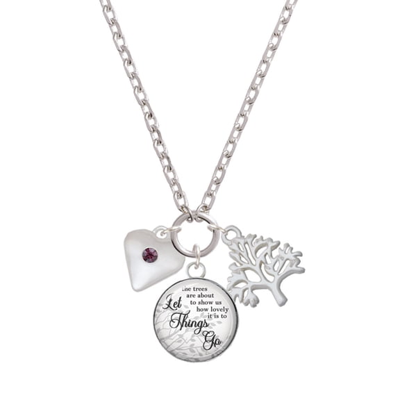 Delight Jewelry Silvertone Large February - Purple Crystal Heart Let Things Go Fall Zoey Charm Necklace, 28"