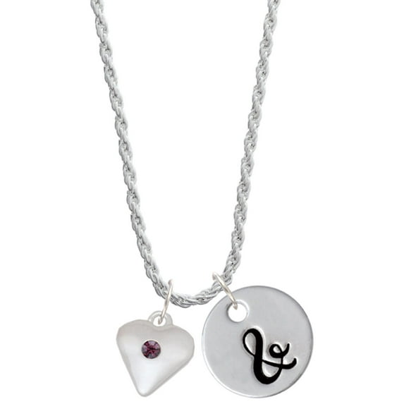 Delight Jewelry Silvertone Large February - Purple Crystal Heart Silvertone Script Initial Disc - & - Charm Necklace, 20"+3"