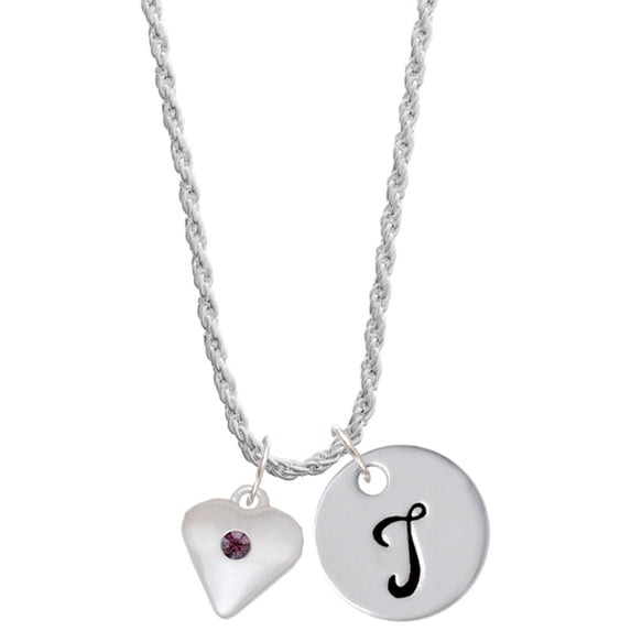 Delight Jewelry Silvertone Large February - Purple Crystal Heart Silvertone Script Initial Disc - T - Charm Necklace, 20"+3"