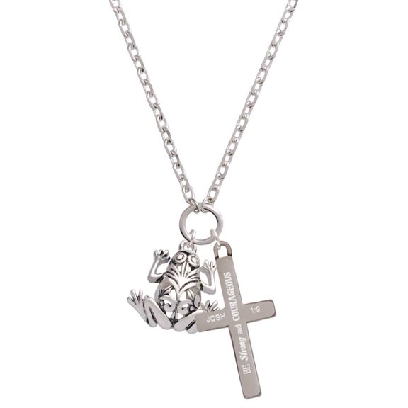 Delight Jewelry Silvertone Large Filigree Frog Be Strong and Courageous Engraved Cross Zoey Necklace, 28"