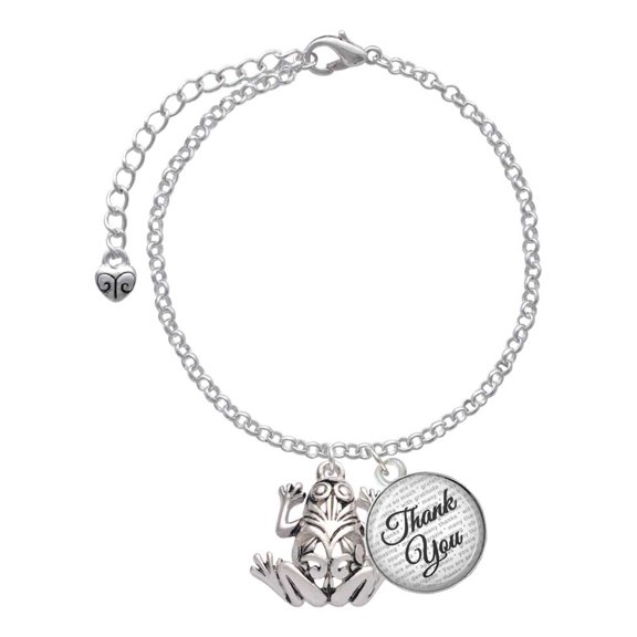 Delight Jewelry Silvertone Large Filigree Frog - Domed Thank You Charm Bracelet, 6"+2"