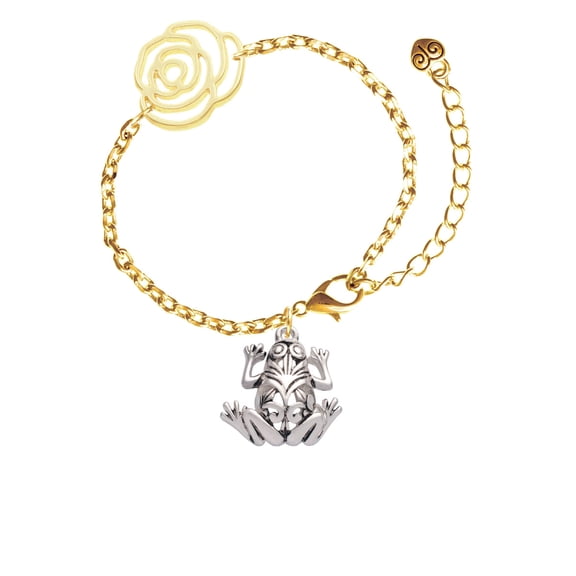 Delight Jewelry Silvertone Large Filigree Frog Gold-tone Flower Link Chain Bracelet, 6.75"+2" Extender