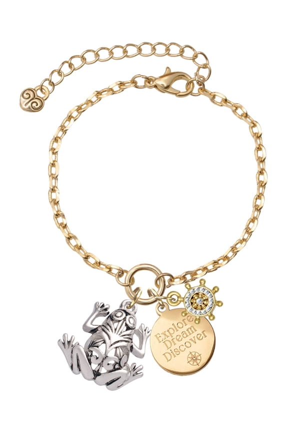 Silvertone Large Filigree Frog Goldtone Discover Dream Explore Zoey Charm Bracelet, 6.5+2" Extender