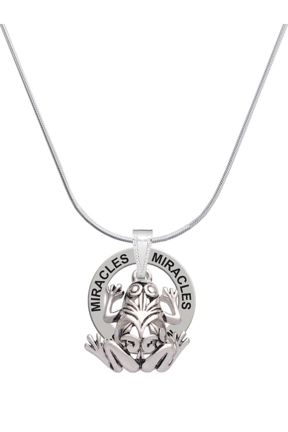 Silvertone Large Filigree Frog Miracles Ring Charm Necklace, 18"